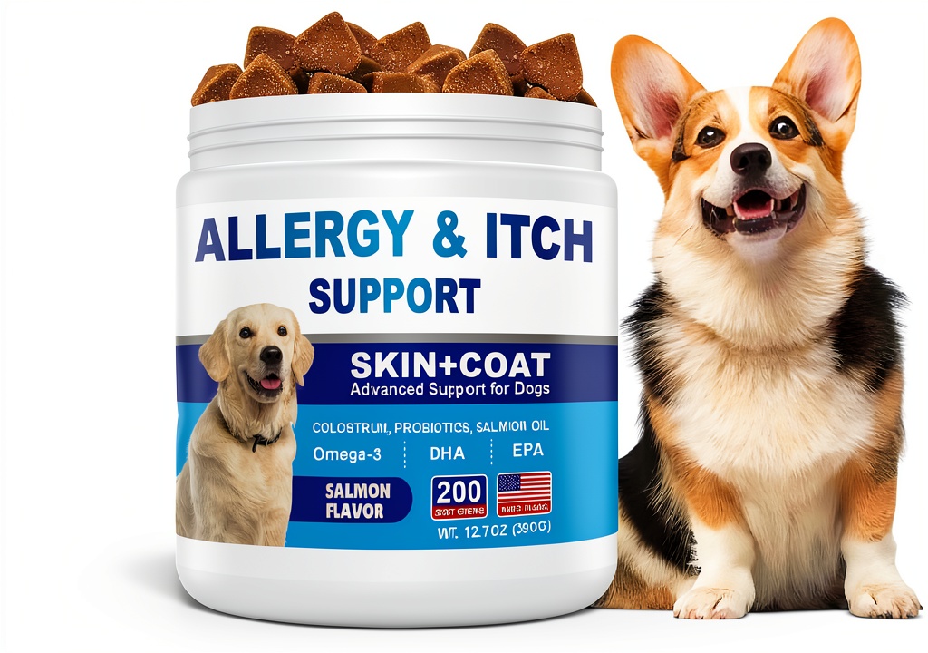ColEaze Dog Allergy Chews 200-count container opened on kitchen counter with Labrador eagerly awaiting treat