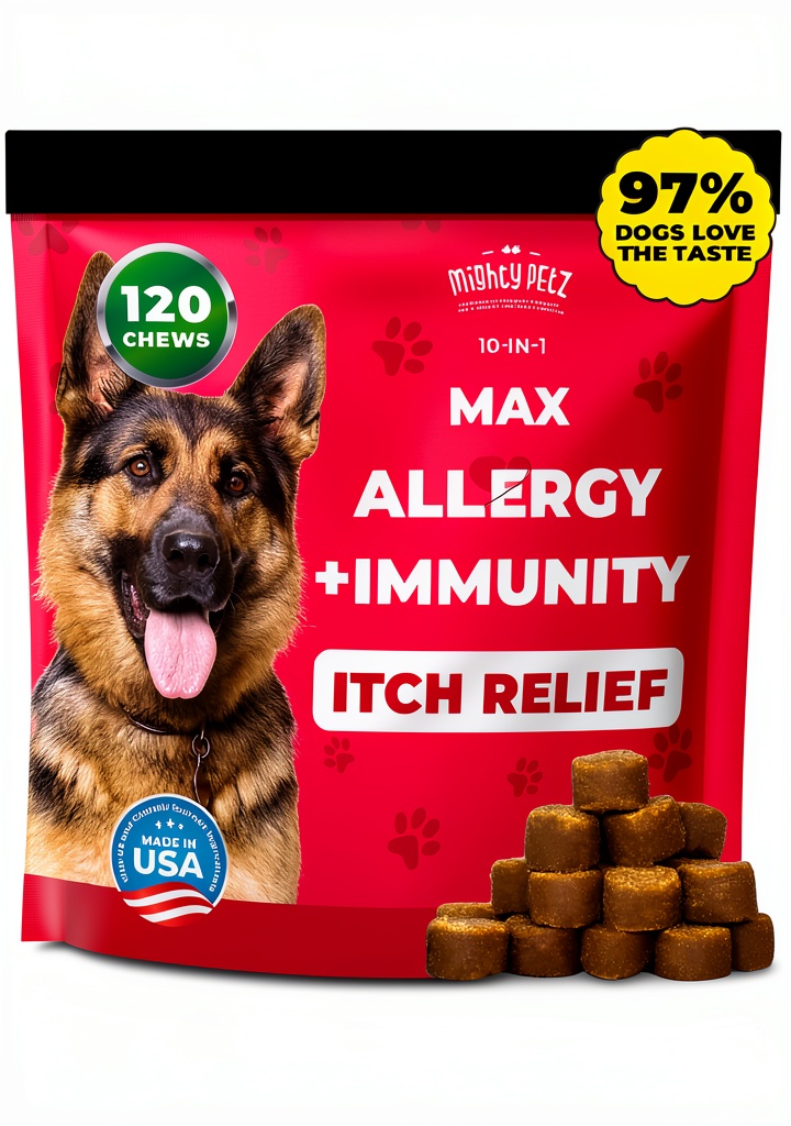 Mighty Petz Dog Allergy Chews package and chews displayed on a table