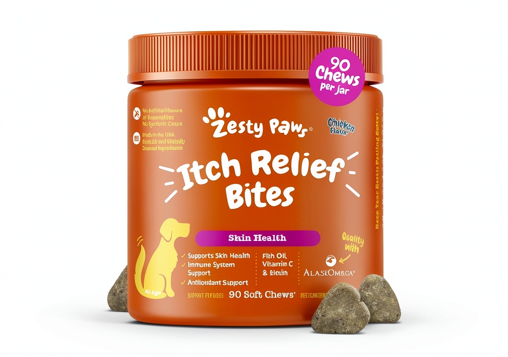 Zesty Paws Dog Anti Itch Chews in packaging showing chicken flavor
