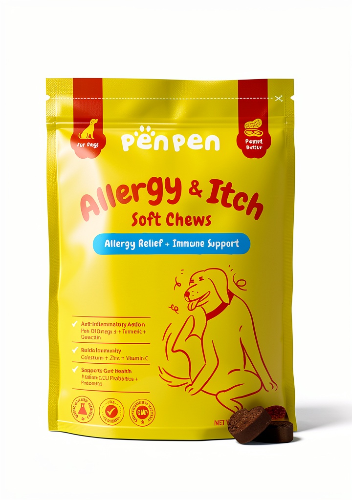 Real‑life context showing a dog owner giving PENPEN Dog Allergy Chews to a happy Labrador on a kitchen counter