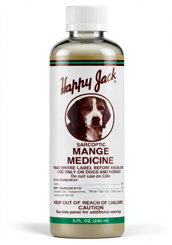Happy Jack mange treatment bottle applied to a dog's skin