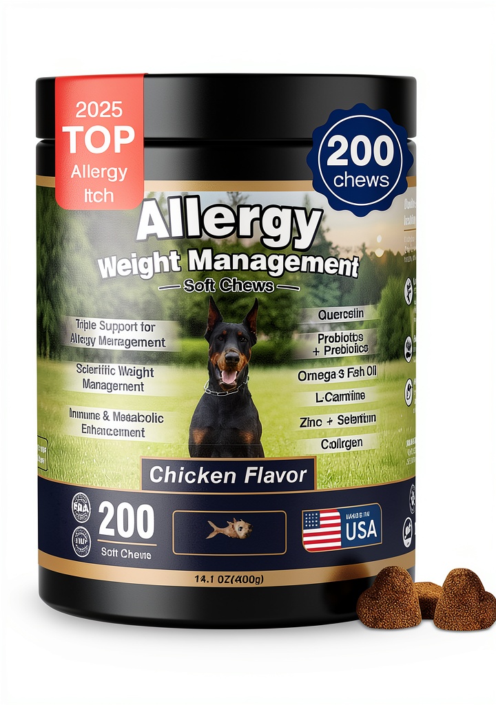 BFDEREN Dog Allergy Chews package and chews displayed on a table