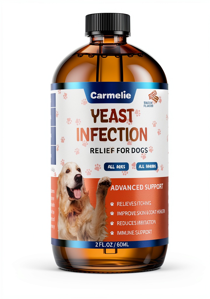 Carmelie Dog Yeast Relief Drops being administered mixed with dog food