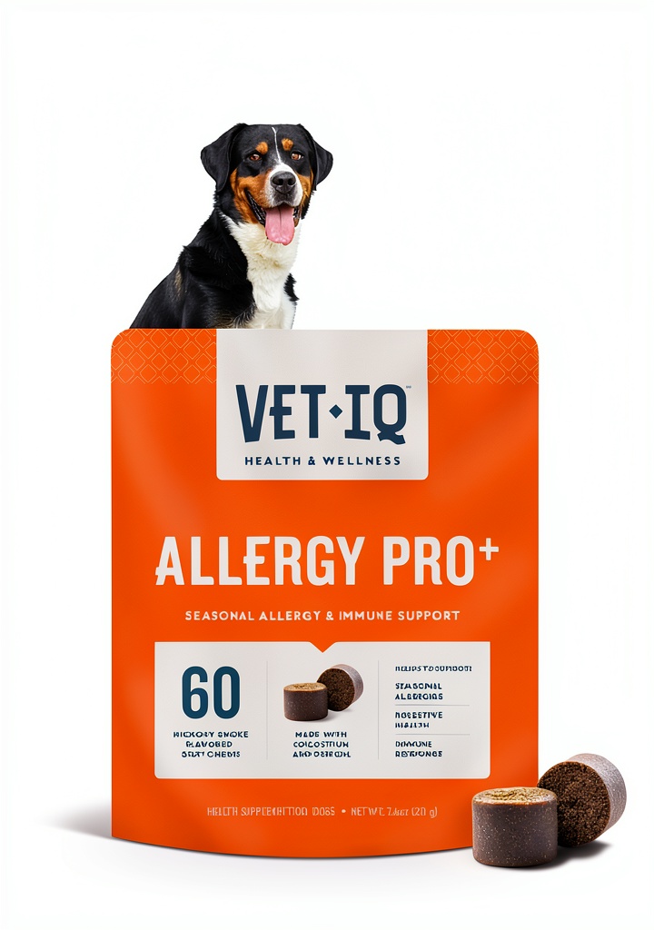 VetIQ Allergy Pro Plus dog chews package and individual chews