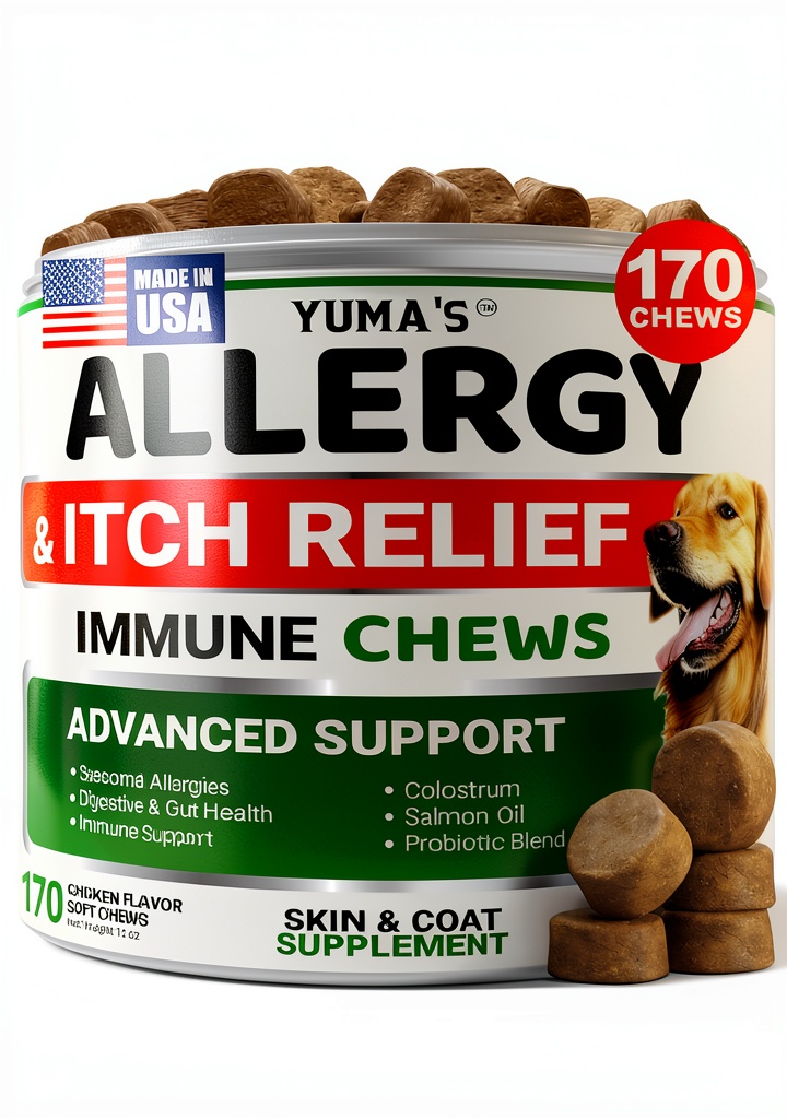YUMA Dog Allergy Chews package and chews displayed on a table